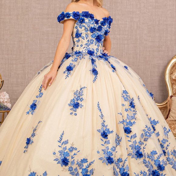 NEW FLOOR LENGTH BALL GOWN WITH FLORAL 3D APPLIQUE GLITTER & LACE UP BACK GL3105 - Picture 3 of 10